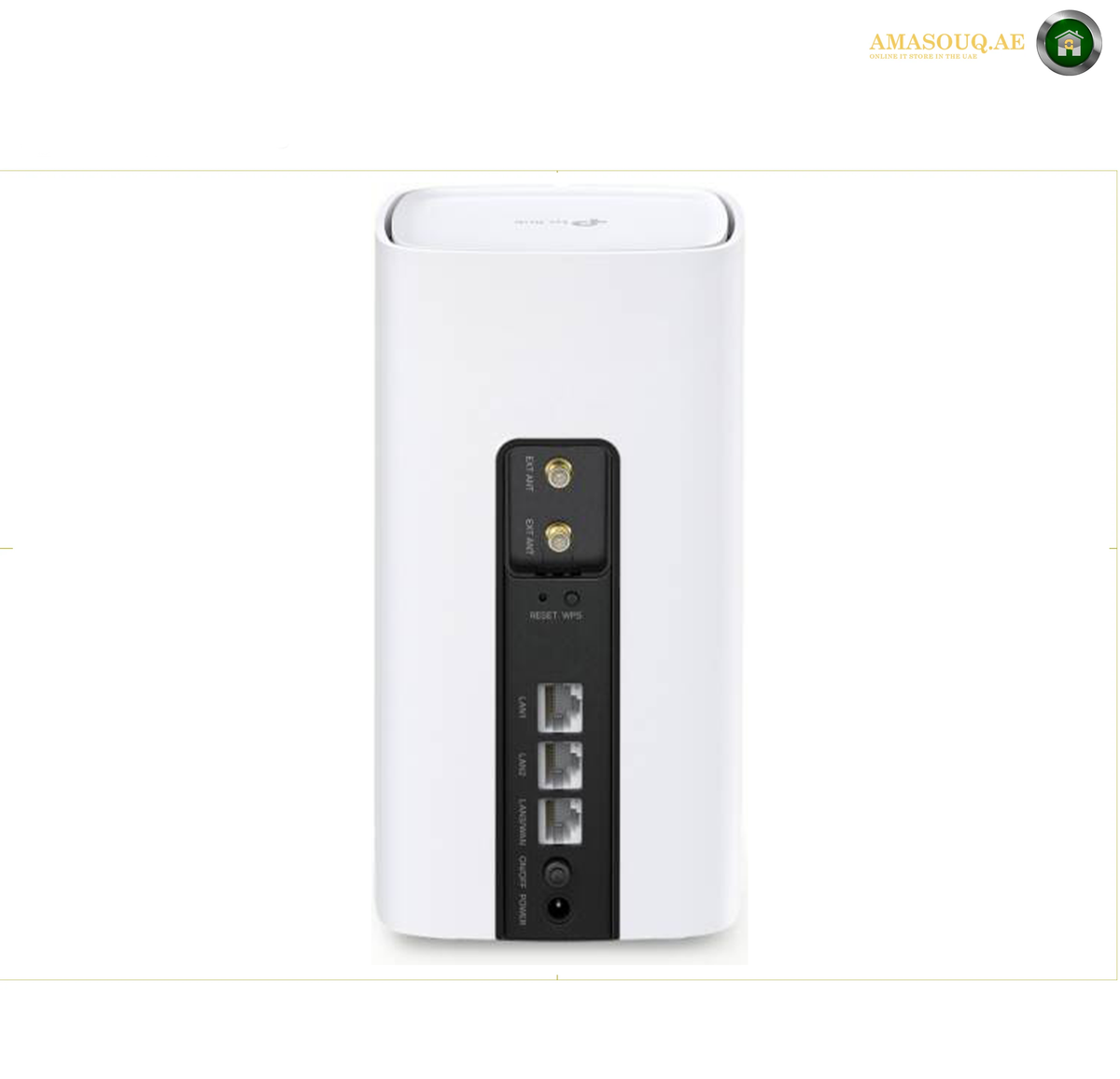 TP-Link Archer NX200 AX1800 dual-band Wi-Fi 6 router | NX200. A white rectangular electronic device with a black vertical panel on the front showing several ports and small gold details, photographed on a plain white background.