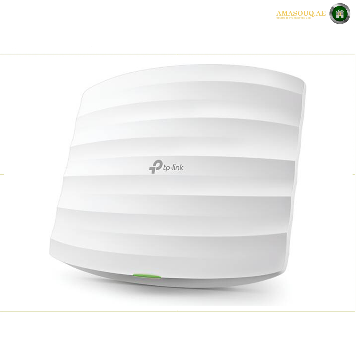 TP-Link EAP223 AC1350 wireless ceiling mount access point front view. A white TP-Link outdoor Wi-Fi access point with a curved, ribbed design and a small green indicator light, shown on a white background.