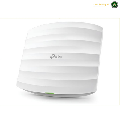 TP-Link EAP223 AC1350 wireless ceiling mount access point front view. A white TP-Link outdoor Wi-Fi access point with a curved, ribbed design and a small green indicator light, shown on a white background.
