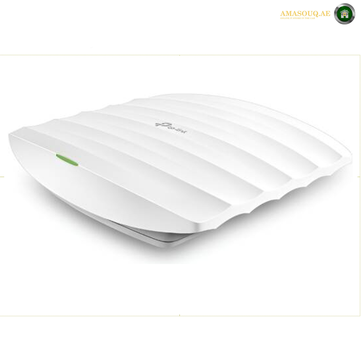 TP-Link EAP223 dual-band Wi-Fi 5 access point with AC1350 wireless speeds. HP computer monitor rear view showing the matte black back panel with the HP logo and a silver stand on a white background.