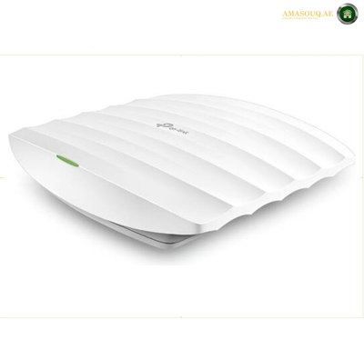 TP-Link EAP223 dual-band Wi-Fi 5 access point with AC1350 wireless speeds. HP computer monitor rear view showing the matte black back panel with the HP logo and a silver stand on a white background.