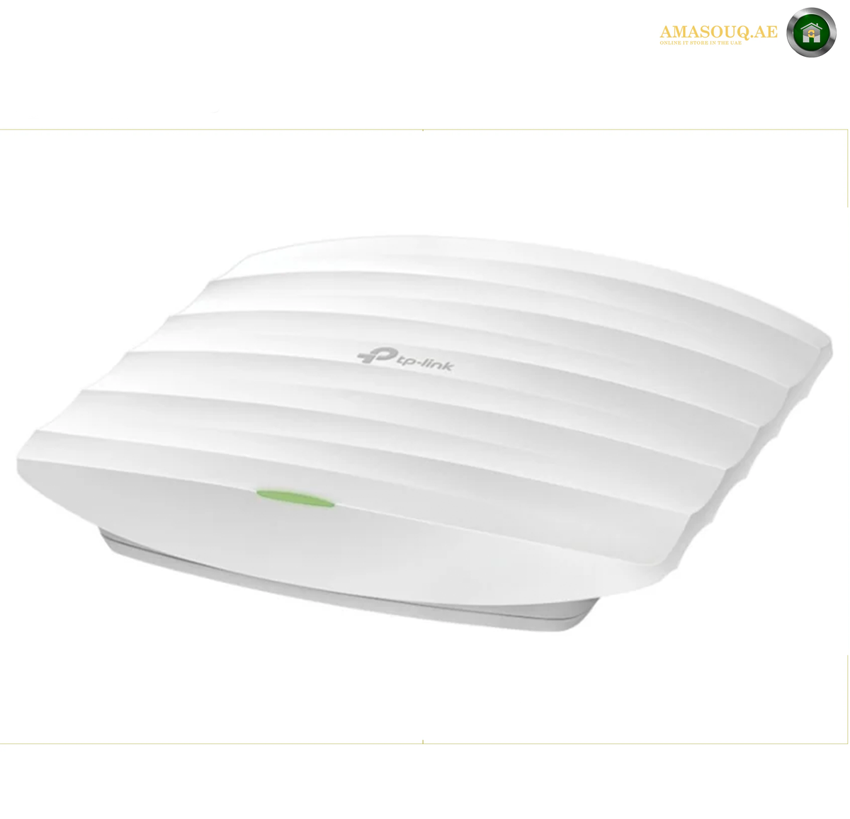 TP-Link EAP225 AC1350 dual-band wireless ceiling mount access point front view. A white TP-Link wireless access point with a ribbed top surface and a small green indicator light, shown on a plain white background.