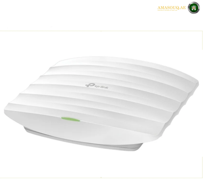 TP-Link EAP225 AC1350 dual-band wireless ceiling mount access point front view. A white TP-Link wireless access point with a ribbed top surface and a small green indicator light, shown on a plain white background.