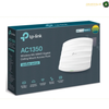 TP-Link EAP225 Gigabit Ethernet port for business network connectivity. TP-Link AC1350 Omoda EAP225 wireless MU-MIMO gigabit ceiling mount access point retail box, shown at a three-quarter angle on a white background.