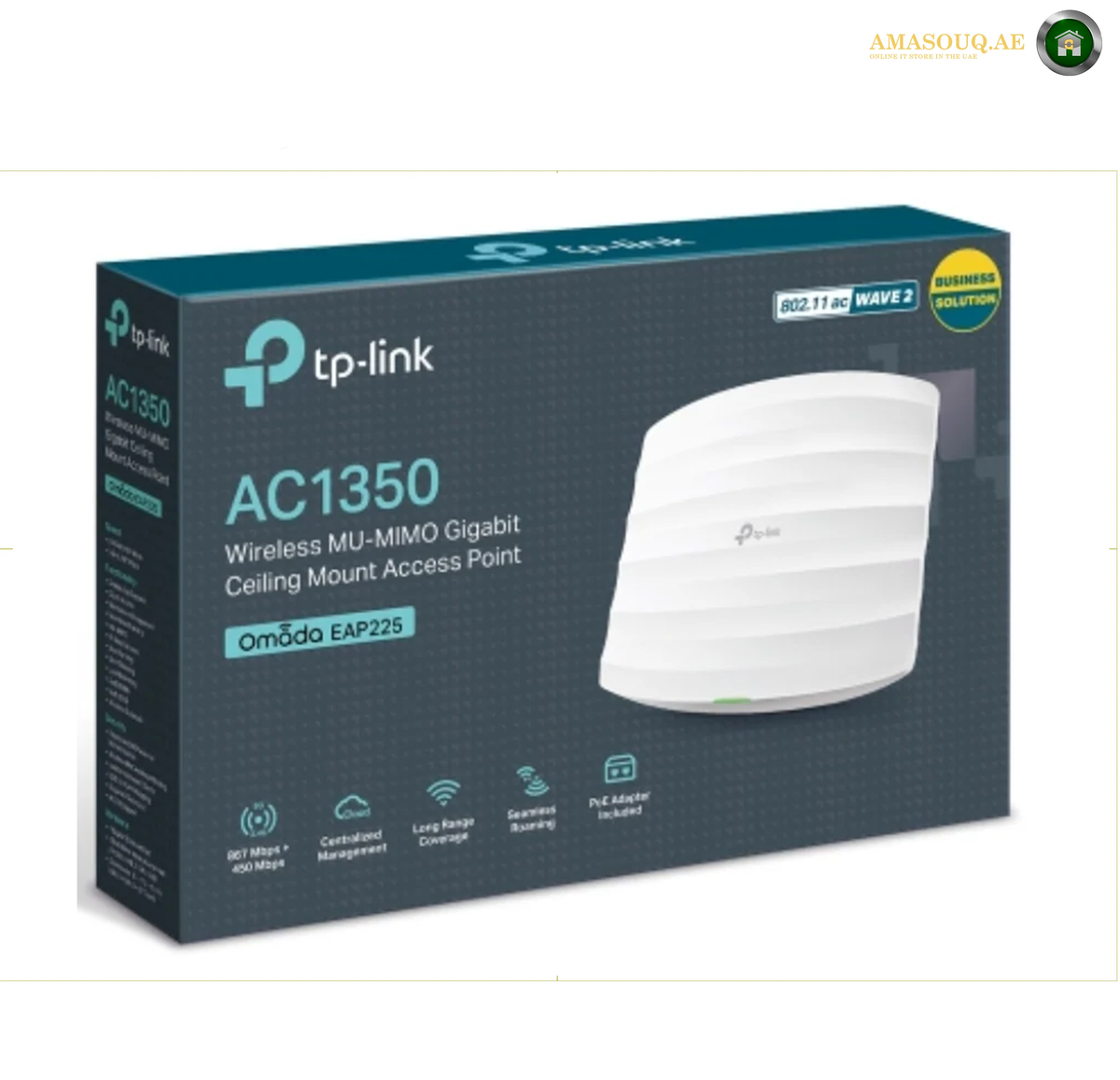 TP-Link EAP225 Gigabit Ethernet port for business network connectivity. TP-Link AC1350 Omoda EAP225 wireless MU-MIMO gigabit ceiling mount access point retail box, shown at a three-quarter angle on a white background.