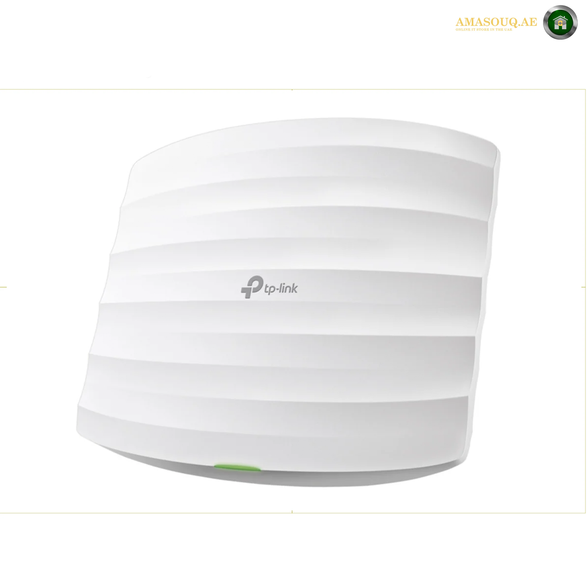 TP-Link EAP225 MU-MIMO wireless access point for multiple compatible devices. A white TP-Link outdoor Wi-Fi access point with horizontal ribbed panels and a small green indicator light, shown on a white background.