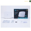 TP-Link EAP225 PoE-compatible ceiling mount wireless access point. TP-Link AC1550 Wireless Mi-Fi 1600 Outdoor Ceiling Mount Kit shown with its retail box, white ceiling mount bracket, small connector module, screws, and instruction booklet on a clean white background.