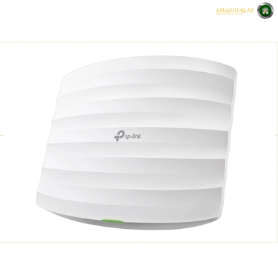 TP-Link EAP245 AC1750 wireless ceiling mount access point front view. A white TP-Link outdoor Wi-Fi access point with horizontal ribbed panels and a small green indicator light, shown on a white background.
