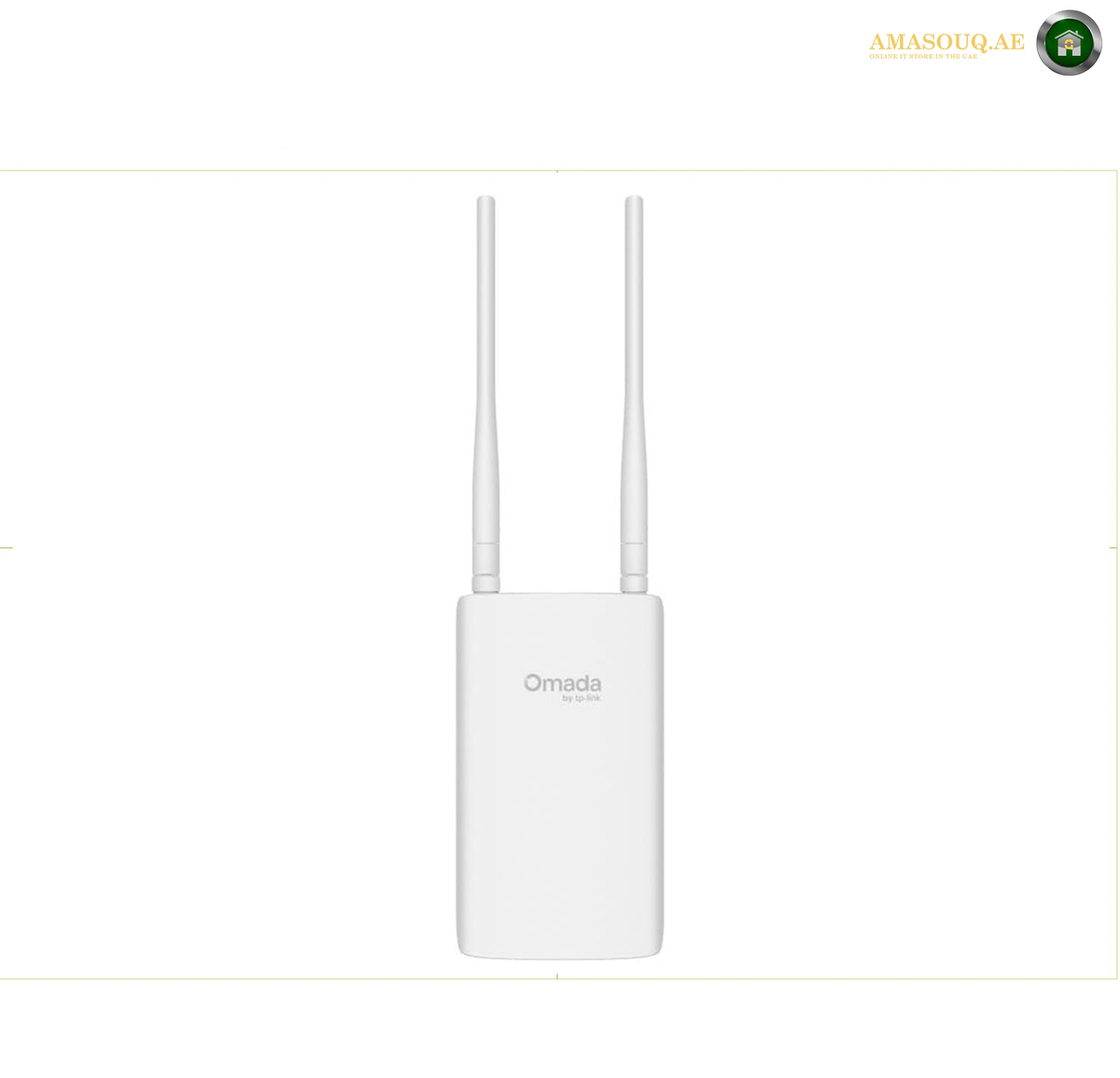 TP-Link EAP603-Outdoor wireless access point with two external omnidirectional antennas. A white Omada wireless signal jammer device with two vertical antennas, shown against a plain white background.
