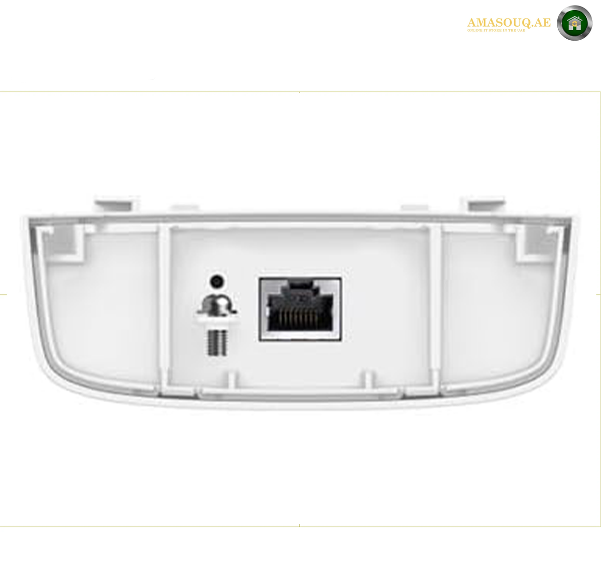 TP-Link EAP603-Outdoor IP65 weatherproof access point for outdoor wireless networking. White plastic network camera wall mount cover with a RJ45 Ethernet port and a mounting screw, shown from the back on a white background.