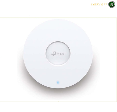p-link-eap610-ax1800-wifi-6-access-point-front-views point front view. 
A white TP-Link wireless access point with a circular design, featuring a small blue indicator light at the bottom and the TP-Link logo in the center, set against a plain white background.