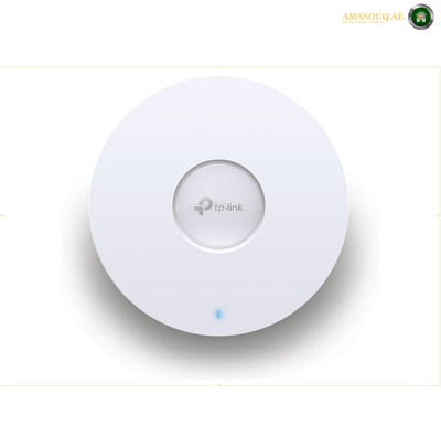 TP-Link EAP650 AX3000 Wi-Fi 6 dual-band ceiling mount access point front view. A white round T-Link wireless access point with a small blue indicator light, shown against a white background with a soft drop shadow.