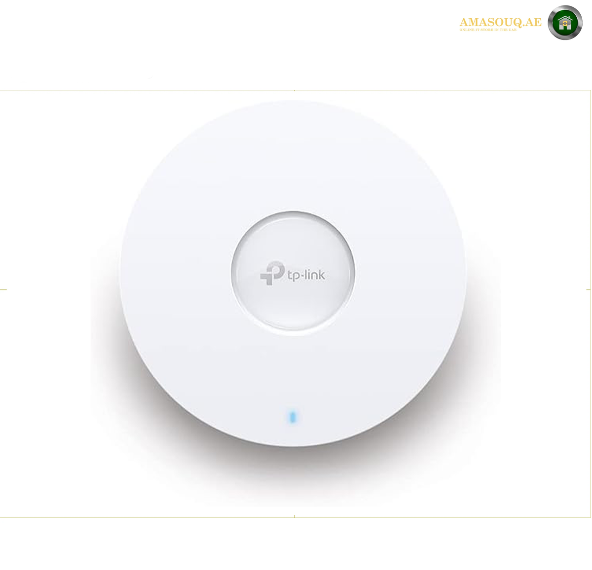 TP-Link EAP653 UR dual-band Wi-Fi 6 access point with 574 Mbps 2.4 GHz and 2402 Mbps 5 GHz speeds. A white TP-Link wireless access point with a circular design, featuring a small blue indicator light at the bottom and the TP-Link logo in the center, set against a plain white background.