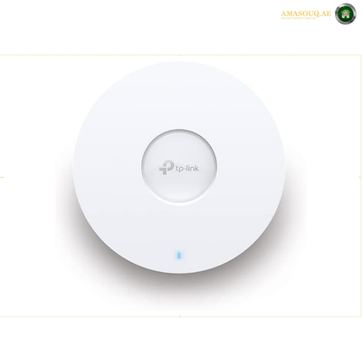 TP-Link EAP653 UR dual-band Wi-Fi 6 access point with 574 Mbps 2.4 GHz and 2402 Mbps 5 GHz speeds. A white TP-Link wireless access point with a circular design, featuring a small blue indicator light at the bottom and the TP-Link logo in the center, set against a plain white background.