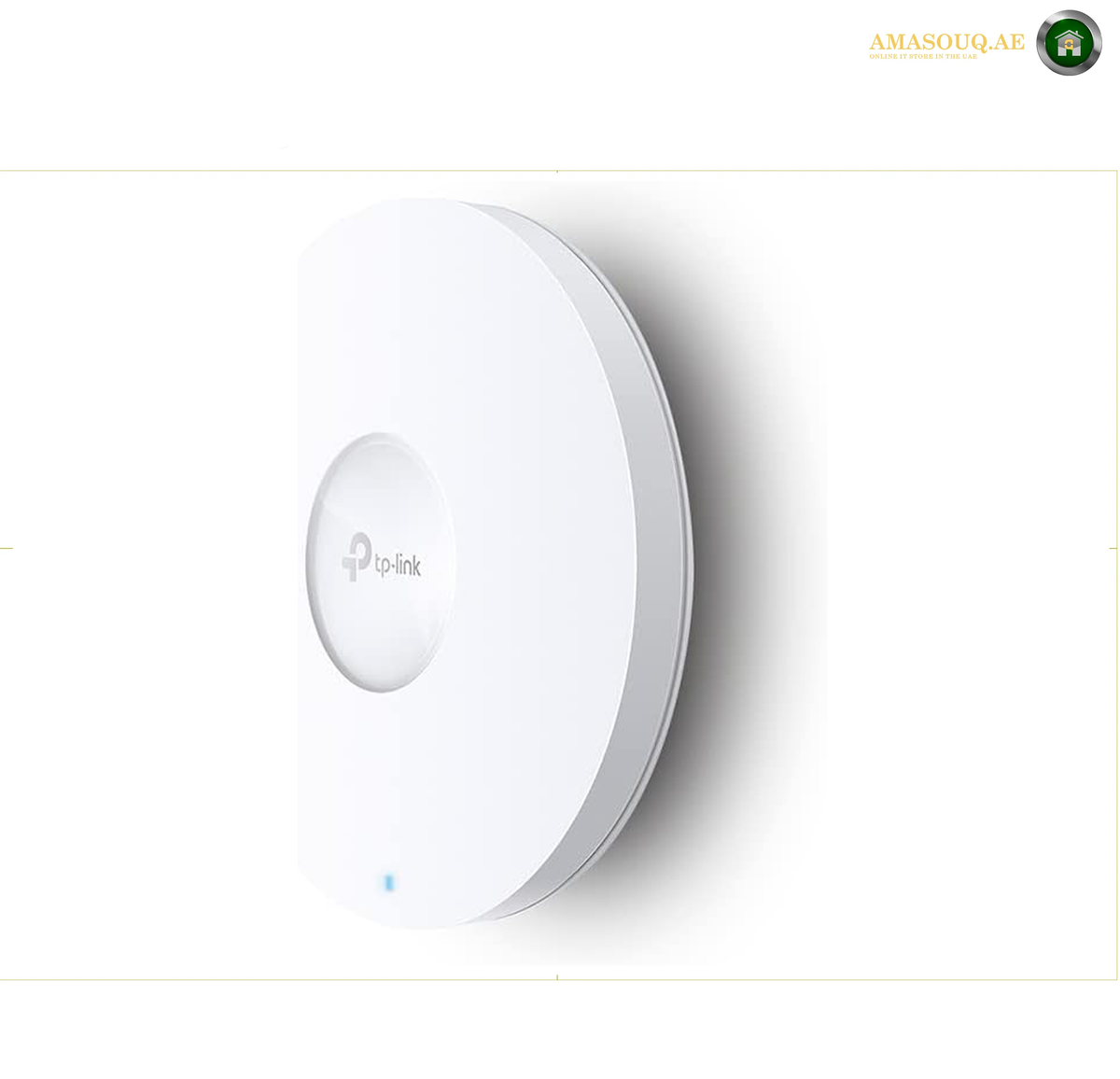 TP-Link EAP653 UR AX3000 Wi-Fi 6 ultra-range ceiling mount access point front view. A white TP-Link wireless access point mounted on a white wall, shown from a three-quarters angle with a soft shadow.
