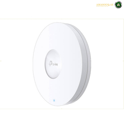 TP-Link EAP670 dual-band Wi-Fi 6 access point with up to 5378 Mbps theoretical wireless speed. A white round TP-Link wireless access point shown at a three-quarter angle on a plain white background.