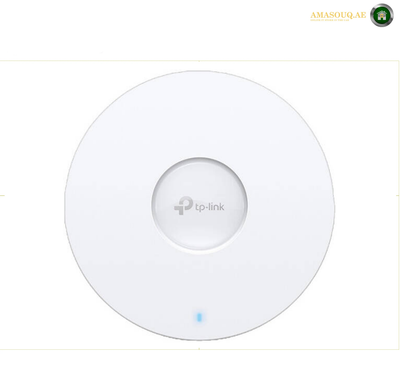 TP-Link EAP670 AX5400 Wi-Fi 6 ceiling mount wireless access point front view. A white Omada by eBridge wireless access point on a clean white background, featuring a small blue indicator light at the bottom.