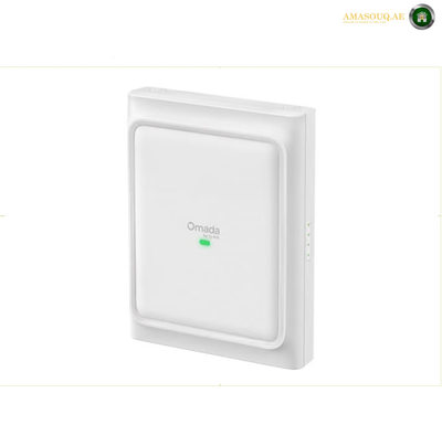 TP-Link EAP725-Outdoor dual-band Wi-Fi 7 access point with up to 3570 Mbps EU wireless speed.A white Omada wireless access point shown at a three-quarter angle on a plain white background, with a small green indicator light and Omada logo on the front.