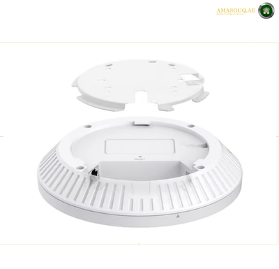 TP-Link EAP727 BE5000 dual-band Wi-Fi 7 access point with 5012 Mbps combined theoretical speed. A white circular electronic device shown disassembled into two parts against a plain white background, with a small AMASOUQAE watermark in the top right corner.