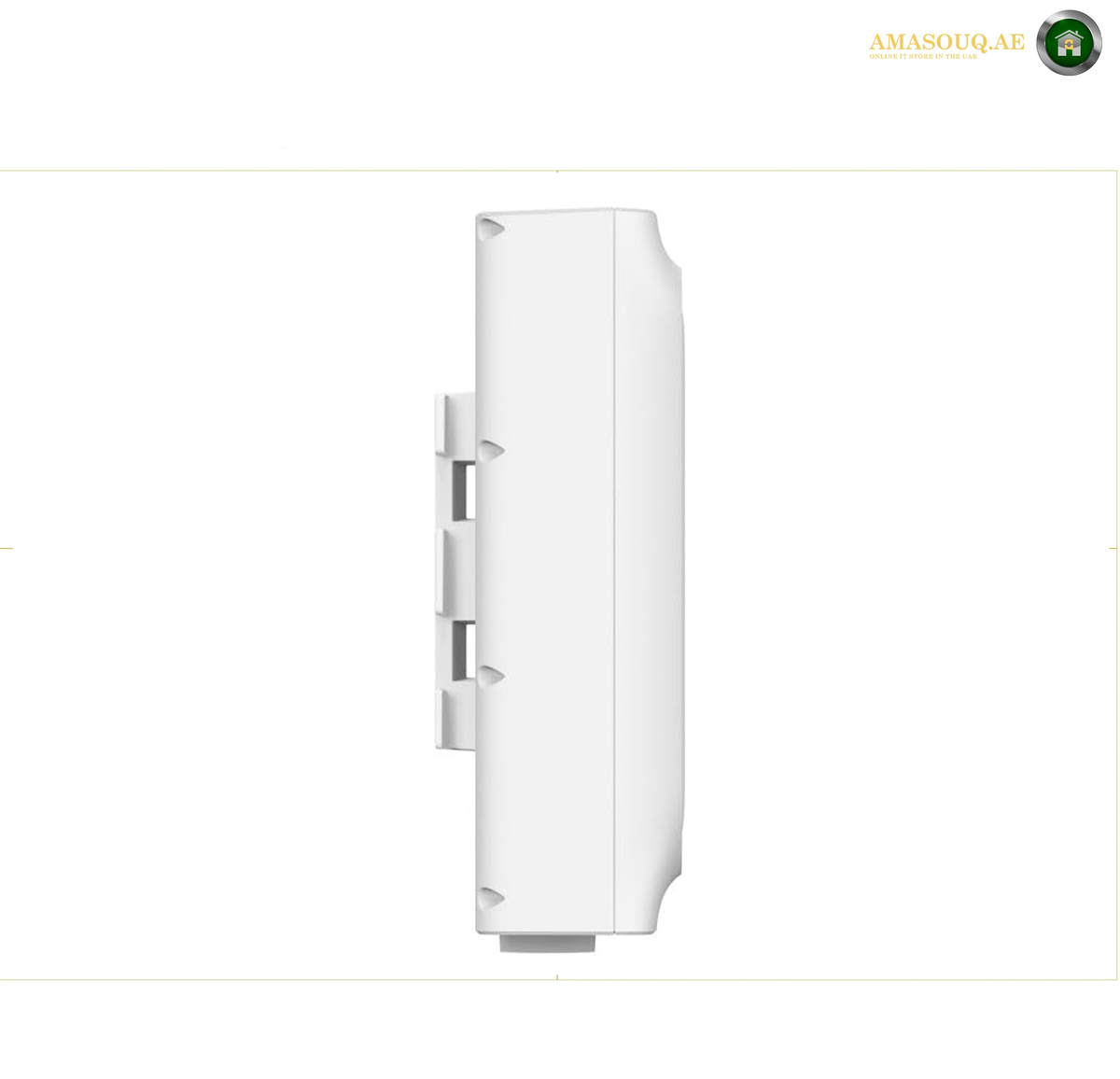 TP-Link EAP772-Outdoor Wi-Fi 7 access point with 6 GHz connectivity and 320 MHz channel bandwidth. A white plastic wall-mount bracket or fixture shown in side profile on a plain white background, with a small logo watermark in the top right corner.