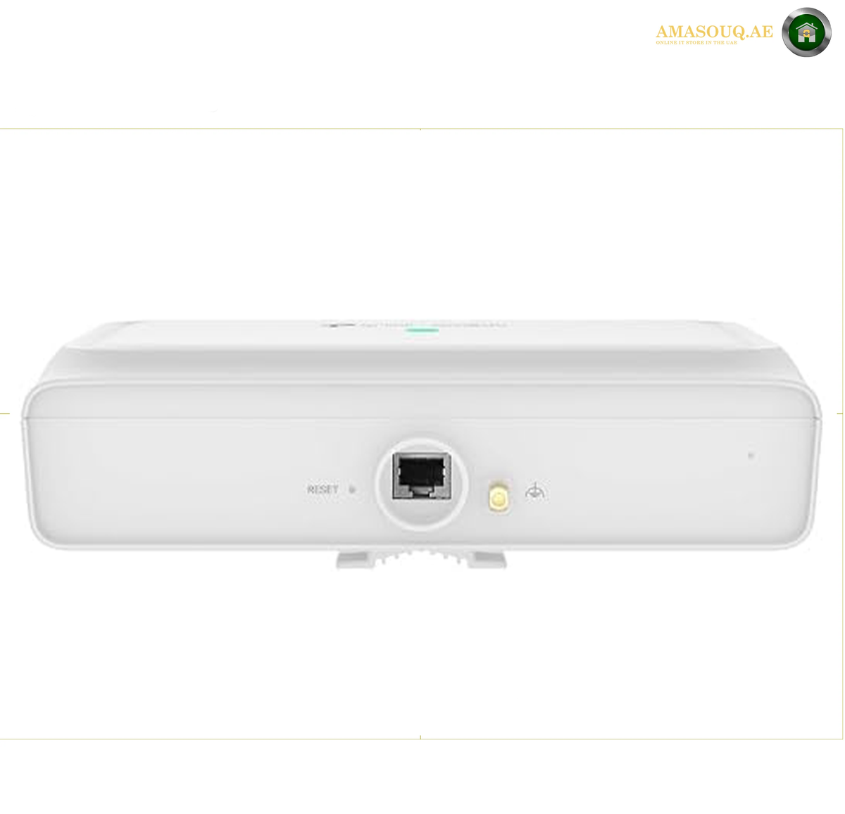 P-Link EAP772-Outdoor BE9300 Wi-Fi 7 access point with up to 9335 Mbps combined theoretical speed. A white network projector shown from the front on a white background, featuring an Ethernet port, a small yellow indicator light, and a RESET button.