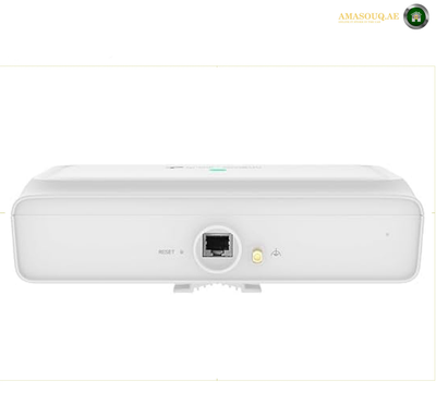 P-Link EAP772-Outdoor BE9300 Wi-Fi 7 access point with up to 9335 Mbps combined theoretical speed. A white network projector shown from the front on a white background, featuring an Ethernet port, a small yellow indicator light, and a RESET button.