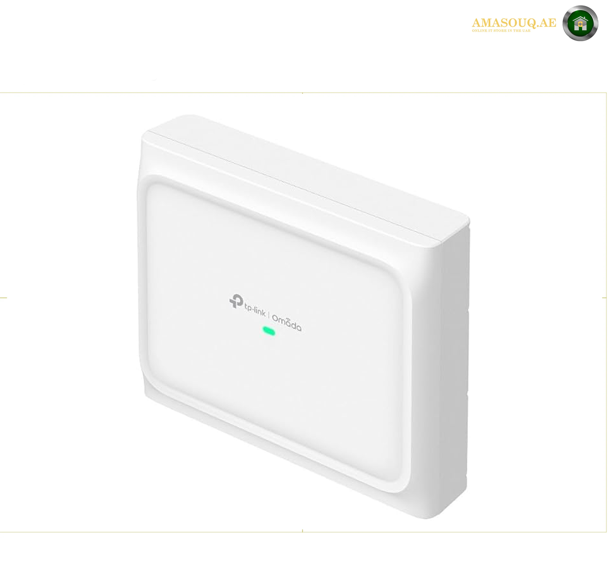 
TP-Link EAP772-Outdoor BE9300 tri-band Wi-Fi 7 outdoor access point front view. A white TP-Link wireless access point shown at a three-quarter angle on a plain white background, with a small green indicator light near the bottom.