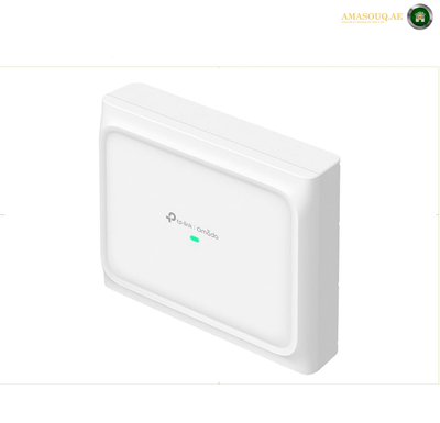 
TP-Link EAP772-Outdoor BE9300 tri-band Wi-Fi 7 outdoor access point front view. A white TP-Link wireless access point shown at a three-quarter angle on a plain white background, with a small green indicator light near the bottom.