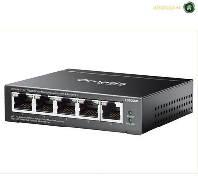 TP-Link Omada ES205GP Switch with Four PoE+ Ports. An Omada double 5-port gigabit easy managed switch, model ES205GDP, shown from a three-quarter angle on a white background.