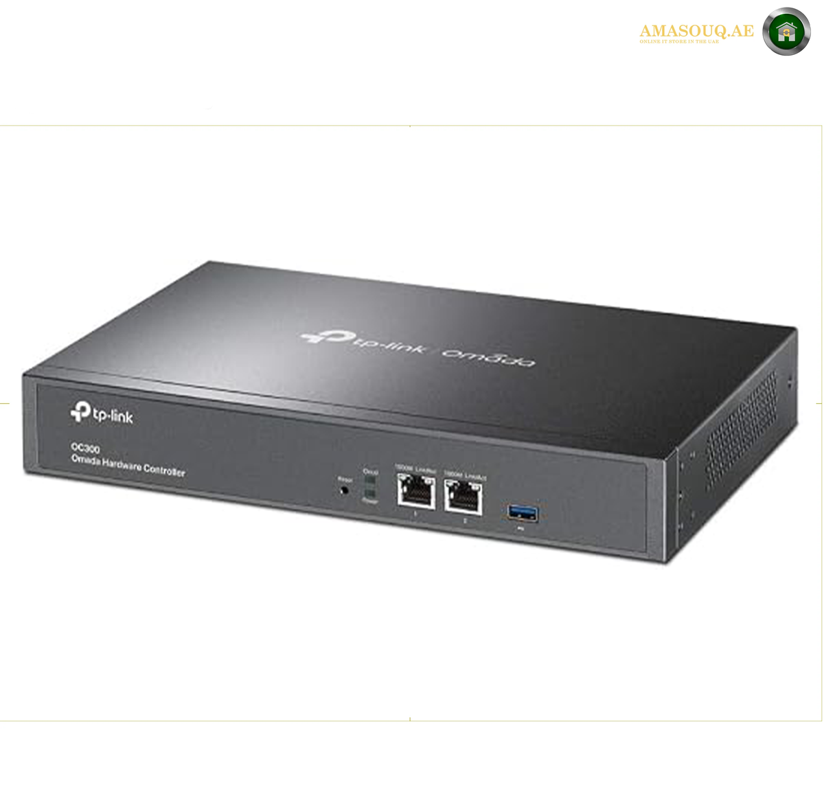 TP-Link Omada OC300 cloud network controller product design | OC300. A TP-Link OmNetDQ DC306 Cisco Native Controller networking device in a matte black finish, shown from a three-quarters angle on a white background.