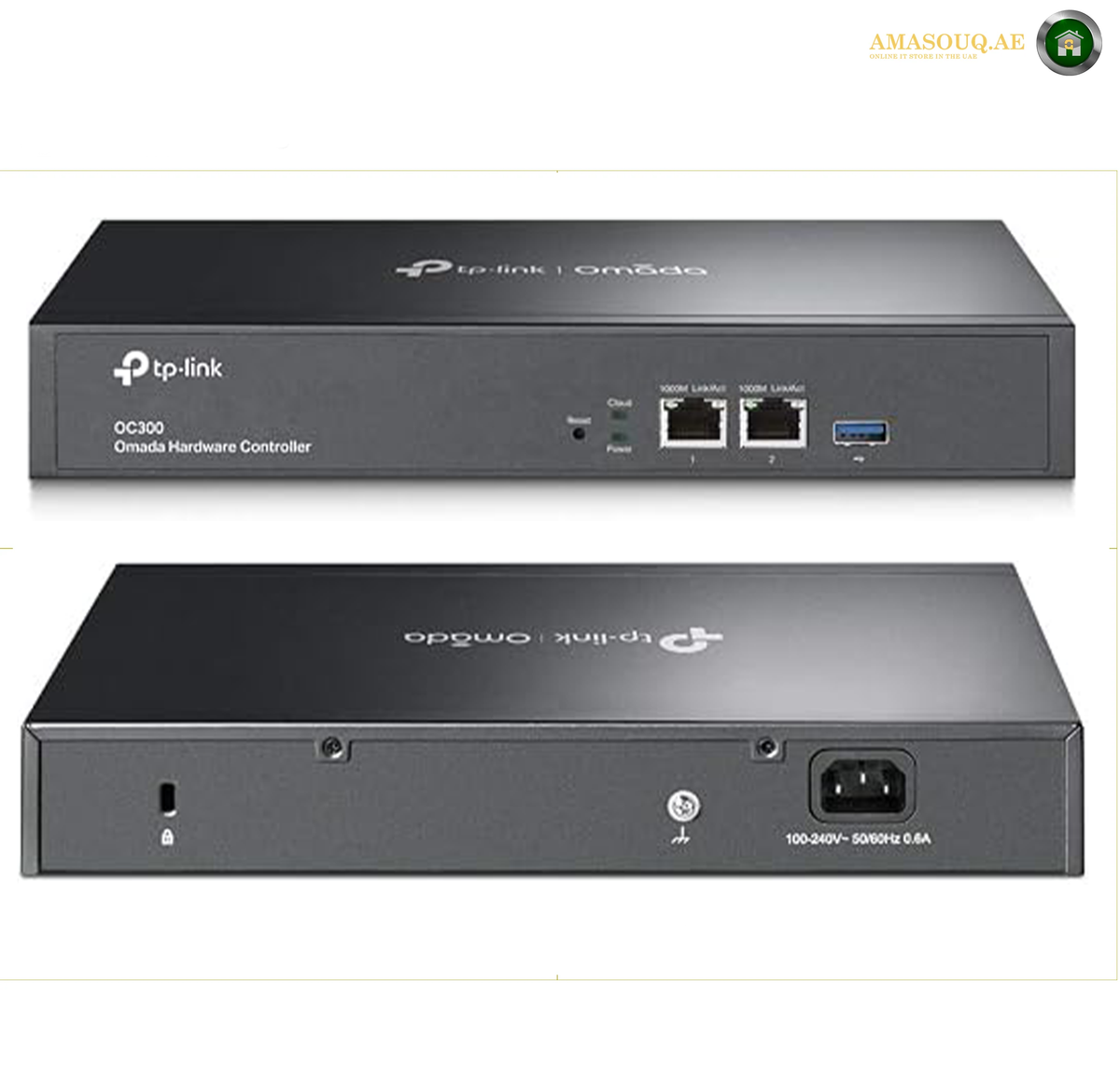 TP-Link Omada OC300 dual Gigabit Ethernet ports | OC300. Two views of a TP-Link Omada DC300 Enigma Hardware Controller in matte black, showing the front panel with Ethernet ports and the rear panel with power input, on a white background.