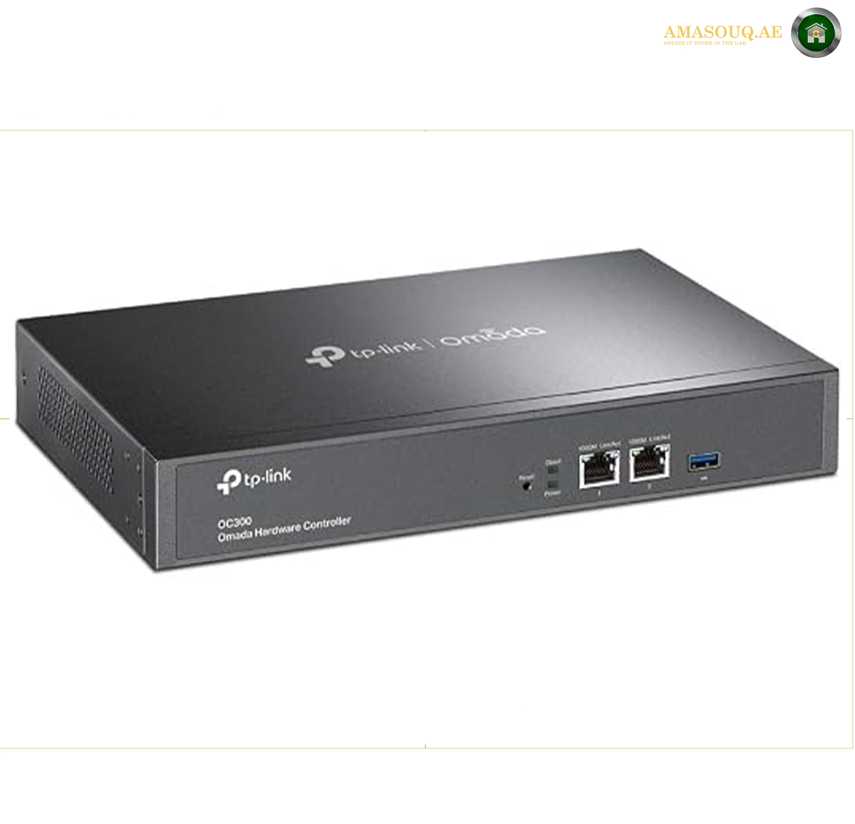 TP-Link Omada OC300 hardware controller front view | OC300. A TP-Link Omada OC300 8-port Network Controller in a matte black finish, shown from a three-quarters angle on a white background.