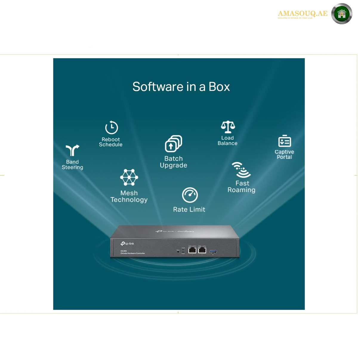 TP-Link Omada OC300 USB 3.0 backup port | OC300, A software box device shown on a dark teal promotional graphic with icons and text describing features such as bed steering, robotic schedule, batch upgrade, load balance, mesh technology, and rate limit. The image includes a small logo in the top right corner.