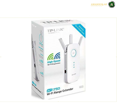 TP-Link RE450 Front View with Signal Indicator. TP-Link AG1750 Wi-Fi Range Extender retail packaging box, featuring a white box with blue and green accents and an illustration of the white Wi-Fi extender device.