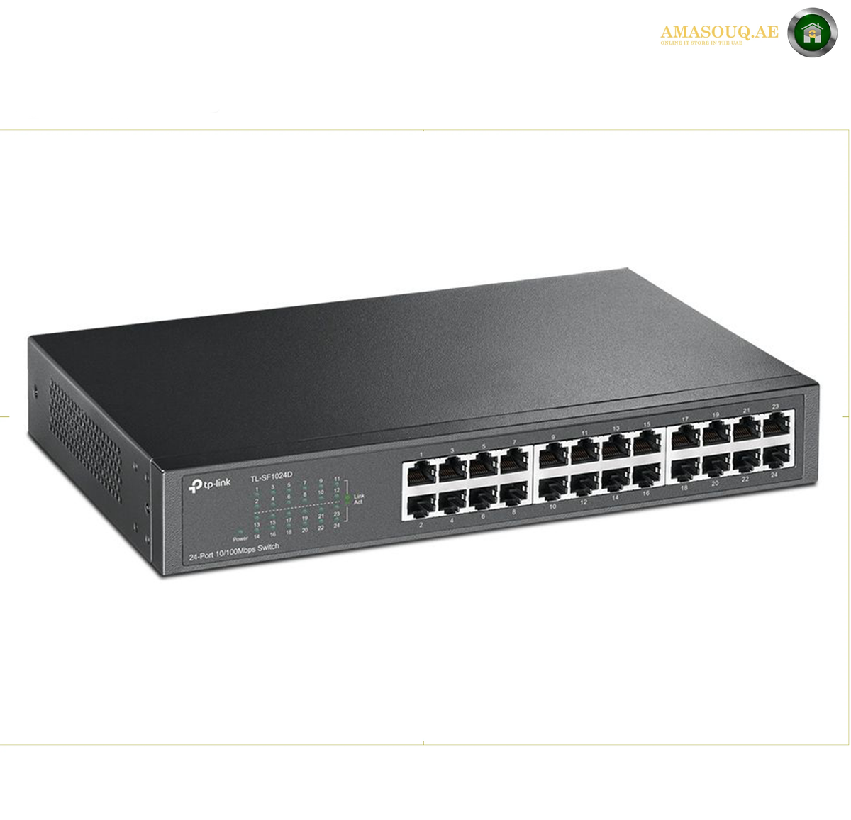 TP-Link TL-SF1024D 24-Port Network Switch Front View. A black TP-Link 24-port Gigabit Ethernet switch, model TL-SG10800, shown from a three-quarters angle on a white background.