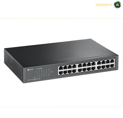 TP-Link TL-SF1024D 24-Port Network Switch Front View. A black TP-Link 24-port Gigabit Ethernet switch, model TL-SG10800, shown from a three-quarters angle on a white background.