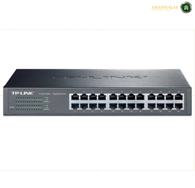 TP-Link TL-SG1024D 24-port Gigabit switch front view. TP-Link 24-port digital switch in a dark gray metal chassis, featuring 24 RJ45 ports on the front and LED status indicators on the left side.