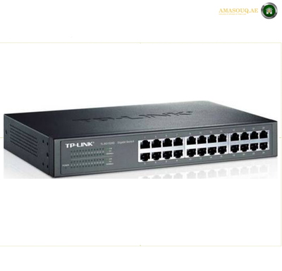 TP-Link TL-SG1024D 24 Gigabit Ethernet port layout. TP-Link 16-port Gigabit Ethernet switch in black, featuring 16 RJ45 ports on the front, shown on a white background with a faint reflection.