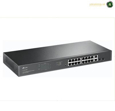 TP-Link TL-SG1218MP | 16 Gigabit PoE+ Ethernet Ports. A black Cisco Catalyst 2960-X 24-port switch shown from a three-quarters angle on a white background.