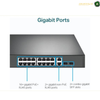 TP-Link TL-SG1218MP | 250W PoE Power Budget Switch. A network switch with gigabit ports labeled on a white background, showing 16x PoE RJ45 ports, 2x non-PoE RJ45 ports, and 2x combo gigabit SFP slots.