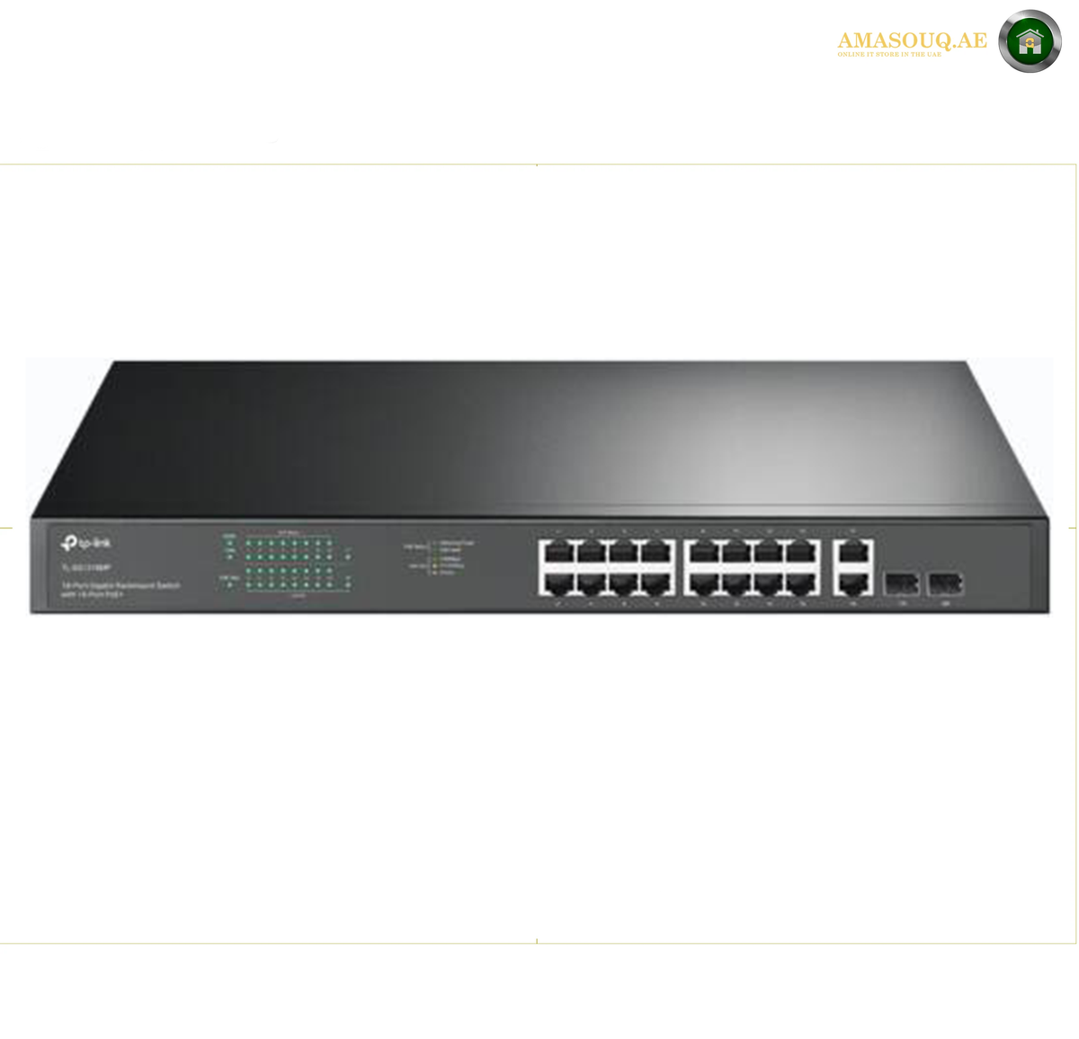 TP-Link TL-SG1218MP | 18-Port Gigabit Rackmount PoE+ Switch. A TP-Link network switch with eight RJ45 ports and two SFP ports, shown from a front-facing perspective on a white background.