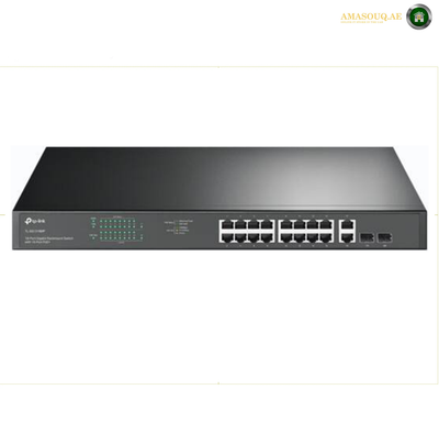 TP-Link TL-SG1218MP | 18-Port Gigabit Rackmount PoE+ Switch. A TP-Link network switch with eight RJ45 ports and two SFP ports, shown from a front-facing perspective on a white background.