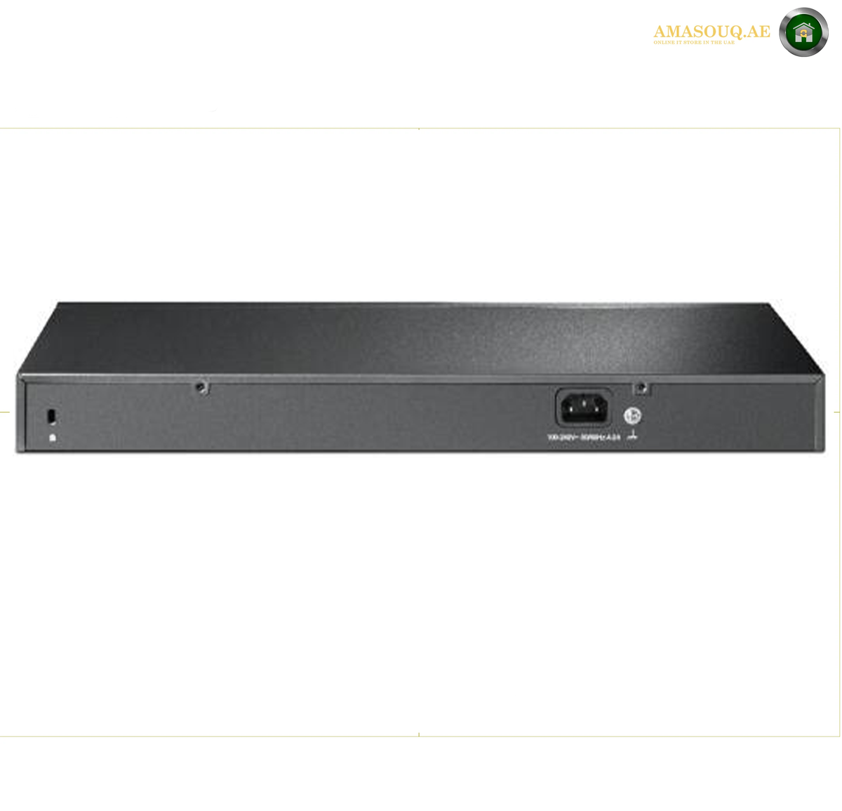 TP-Link TL-SG1218MP | 2 Combo Gigabit SFP Slots. A black rectangular electronic device with a power supply connector on the front, shown against a white background with a small logo in the top right corner.