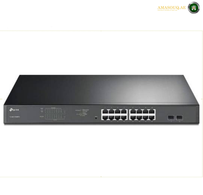 TP-Link TL-SG1218MPE 18-Port Gigabit Easy Smart PoE+ Switch.A black TP-Link network switch with multiple Ethernet ports on the front, shown against a plain white background.