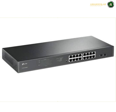 TP-Link TL-SG1218MPE Front View with 16 PoE+ Gigabit Ports. A black D-Link 16-port network switch, model SL-G116D, shown from a three-quarters angle on a white background with a thin gold border.