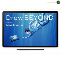 Wacom MovinkPad Pro 14 portable pen tablet with 3K OLED display. Wacom drawing tablet with a digital artist illustration on screen and pen in front