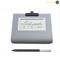 Wacom STU-430-CH2 4.5 inch monochrome LCD signature pad front view. Digital signature pad with stylus on a white background