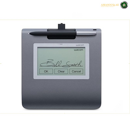 Wacom STU-430 4.5 inch LCD monochrome signature pad. Wacom digital signature pad with a signature displayed on the screen.